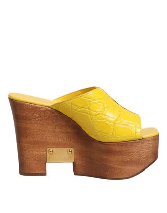 Dolce & Gabbana Yellow Leather Wood Mule Wedge Slides Womens Shoes