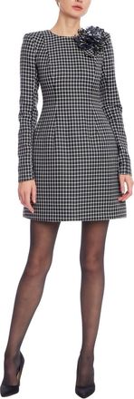 Badgley Mischka Plaid Long Sleeve Floral Mini Dress In Ivory/navy