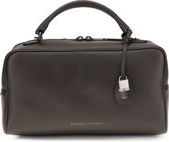 Brunello Cucinelli Womens Handbag Boston Explorer Dark Brown Calf Leather Shoulder Bags