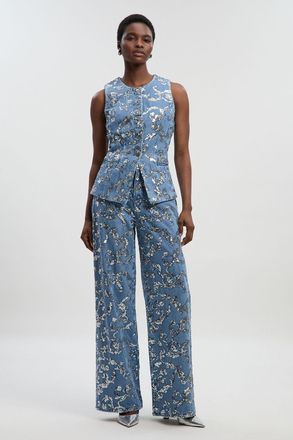 Karen Millen Womens Sequin Denim Wide Leg Jeans - Blue Cotton - Size 12 UK