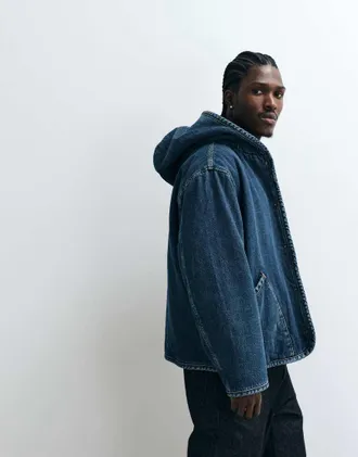 Levi's giacca in denim sherpa con cappuccio oversize blu