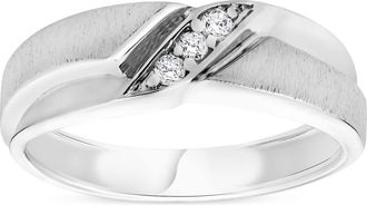 Pompeii3 Mens 1/10ct White Gold Diamond Ring Contour Brushed Three Stone Wedding Band