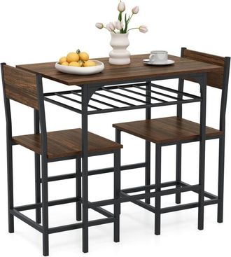 Costway Dining Table Set for 2 3-Piece Wood Rectangular Table & Chair Set w/ Metal Frame Coffee
