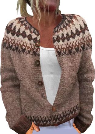 Generic Cardigans for Women UK Vintage Fair Isle Sweaters Lightweight Open Front Cardigan Casual Long Sleeve Button Down Sweaters Ladies Loose Comfy Coat Autu