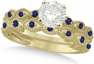 Allurez Vintage Lab Grown Diamond & Blue Sapphire Bridal Set 18k Yellow Gold 0.70ct