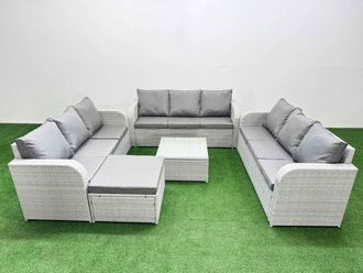 Fimous PE Rattan Lounge Sofa Set 10 Seater Outdoor Garden Furniture Set with Square Coffee Table 3 Seater Sofa Big Footstool Light Grey