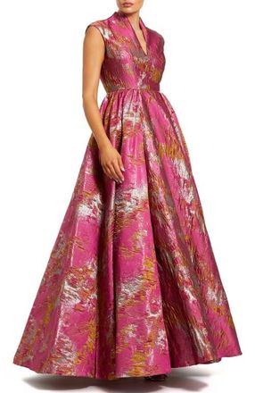 Mac Duggal Metallic Jacquard Ball Gown with Notched Collar and Cap Sleeves in Raspberry Multi at Nordstrom, Size 12