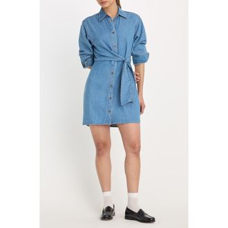 Good American Tie Waist Denim Mini Shirtdress in Indigo266 at Nordstrom, Size X-Large