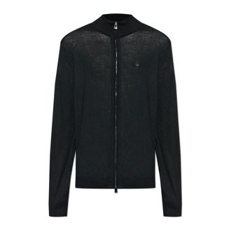 Emporio Armani Cardigans, male, Black, Size: XL Plain-knit Virgin-wool Full-zip Cardigan