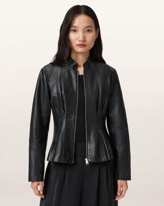 AllSaints Leather Clo Pleated Leather Jacket, Size: UK 14/US 10