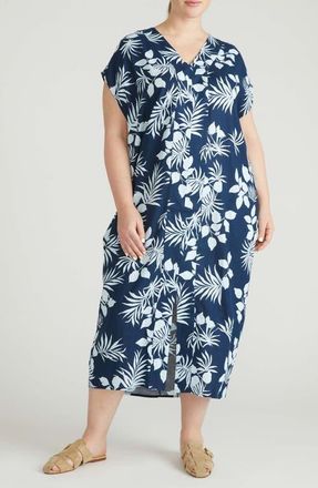 Universal Standard Cabana Linen Blend Caftan Dress in Palm Print In Light Blue/Navy at Nordstrom, Size Xs