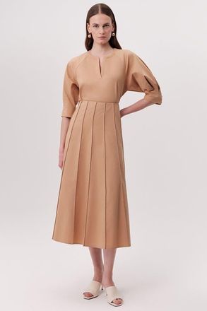 Exquise Karlie Fitted Multi Panel Flared Midi Skirtt in Camel at Nordstrom, Size X-Small