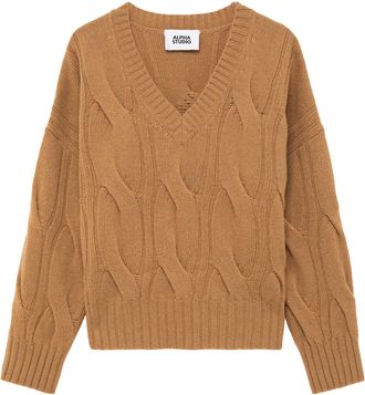 Alpha Studio Boxy Knit Sweater with V-Neckline and Cable Knit Texture