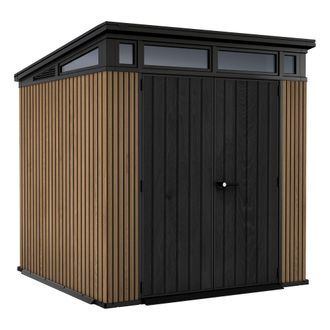 Dmora Caseta De Jard&iacute;n Moorhead, Con Candado, Acabado De Resina, Ventanas, Techo Monoagua, 214x218x226h Cm Marr&oacute;n Nuez