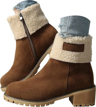 Generic Womens Winter Snow Boots - Non Slip, Waterproof, Warm Fur Lined, Suede Outdoor Ankle Boots with Chunky Heel & Side Zip (Coffee, 6)