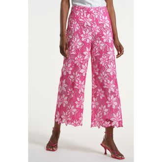 Isaac Mizrahi New York Floral Embroidered Eyelet Crop Wide Leg Pants in Fuchsia Multi at Nordstrom, Size X-Small