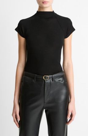 Vince Wool Raglan Cap-Sleeve Mock-Neck Top in Black at Nordstrom, Size Xx-Small