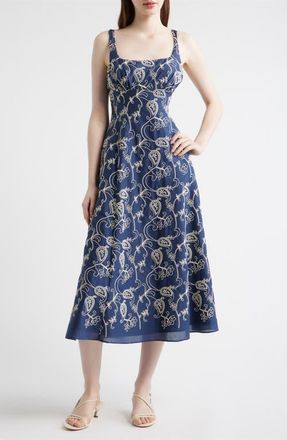 Julia Jordan Embroidered Cotton Fit & Flare Midi Dress in Navy Multi at Nordstrom, Size 10