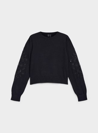 Icone Womens Broderie anglaise puff-sleeve solid sweater