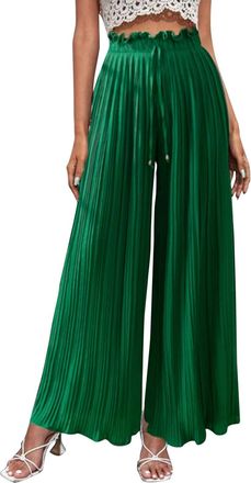 Generic DABAOK Cropped Pants for Women Casual Petite Womens Wide Leg Palazzo Pants High Waisted Pant Smocked Pleated Loose Fit Casual Trousers 90s Pants for W