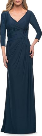 La Femme Ultra Soft Jersey Long Dress with Three-Quarter Sleeves in Dark Teal at Nordstrom, Size 18