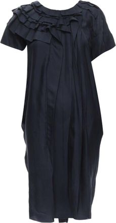 Marni navy blue 100% silk ruffle neckline short sleeve silk dress IT38 XS