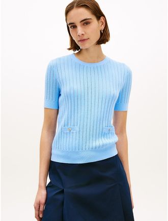 Tommy Hilfiger Womens Short-Sleeve Pointelle Pocket Sweater - Blue - XL