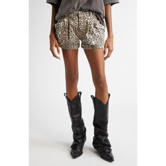 R13 Leopard Print Pleated Pouch Pocket Denim Shorts in Ecru Leopard at Nordstrom Rack, Size 30