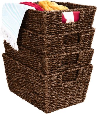 Best Choice Products Set of 4 Multipurpose Stackable Seagrass Storage Laundry Organizer Baskets w/ Handles