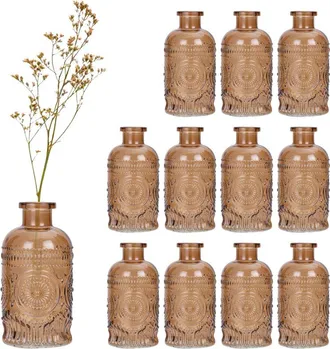 Relaxdays Relaxdays Glass Vase, Set of 12, Table Decor, Vintage Design, H: 13x6 cm, Decorative Mini Bottles for Flowers, Yellow