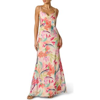 Adrianna Papell Floral Print Satin Maxi Dress in Ivory Multi at Nordstrom, Size 12