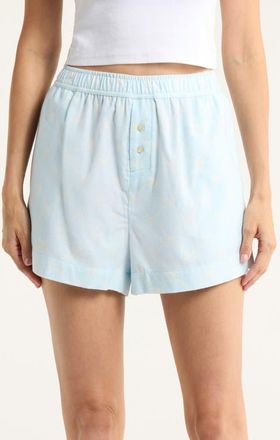 Open Edit Print Cozy Flannel Boxer Pajama Shorts in Blue- Ivory Argyle Bow at Nordstrom, Size X-Small
