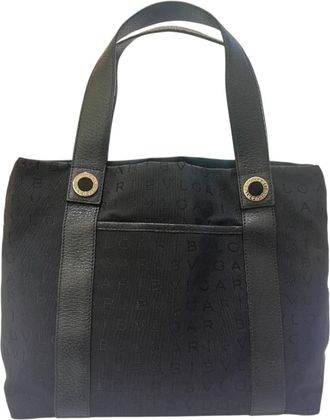Bulgari Logomania Black Leather Canvas Handbag Tote Bag (Pre-Owned)