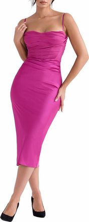 House of CB Teia Mixed Media Satin Georgette Midi Dress in Hot Pink at Nordstrom, Size X-Small