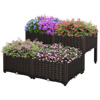 OEM Juego De 4 Jardineras De Exterior Cuadradas Imitaci&oacute;n A Mimbre Combinaci&oacute;n Libre Para Jard&iacute;n Patio 40x40x26/44 Cm Marr&oacute;n