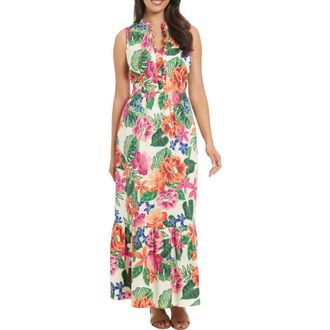 London Times Floral Sleeveless Stretch Cotton Poplin Maxi Dress in Ivory/Pink at Nordstrom Rack, Size 10P