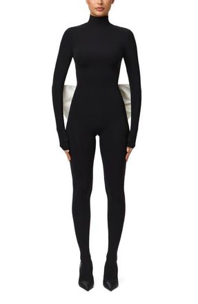 Naked Wardrobe Bow Detail Long Sleeve Jumpsuit in Black/White at Nordstrom, Size X-Small