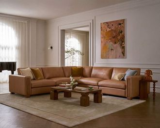Castlery Tan France Kagan Leather 5-Piece L-Shape Sectional Couch, (Marche) Cocoa, Brown, American Top-Grain Leather, Modular Sofa