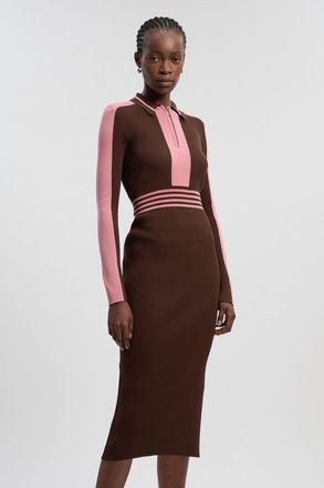 Karen Millen Womens Rib Knit Polo Zip Up Midi Dress - Chocolate Viscose - Size X-Small