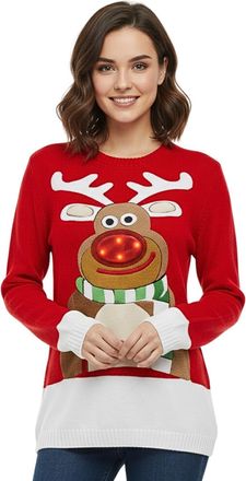 Janisramone Janisramone LED Light Up Christmas Jumpers for Men UK, Rudolph Crew Neck Christmas Jumper, Novelty Xmas Knitted Vintage Tree Jumper for Women UK, Unis