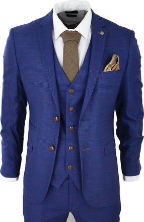 PAUL ANDREW Alex Blue Brown Check Wedding 3 Piece Suit