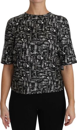 Dolce & Gabbana Womens Black Musical Instruments Print Silk Blouse
