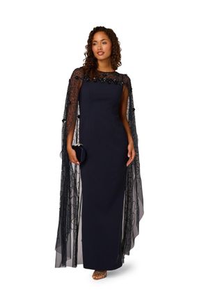 Adrianna Papell Womens Bead Cape Crepe Long Dress - Blue - Size 10 UK