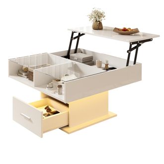 STILVORA Mesa De Centro Elevable Con 1 Caj&oacute;n Y 1 Hueco Y Led, Acabado Brillante, En Tablero De Part&iacute;culas, Blanco