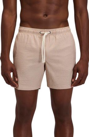 Sundek Stripe Seersucker Swim Trunks in Safari at Nordstrom, Size Medium