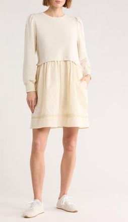 Melrose and Market Fleece Woven Mixed Media Long Sleeve Dress in Ivory Dove at Nordstrom Rack, Size Xx-Large