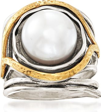 Ross-Simons 11.5-12mm Cultured Pearl Openwork Ring in Sterling Silver and 14kt Yellow Gold