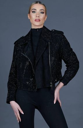 D'Arienzo Chiodo oversize in pelle scamosciata nera con cristalli DArienzo, Seleziona Taglia XS-S, Colore Nero