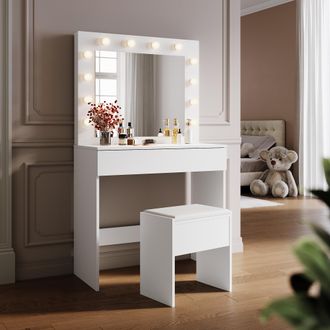 Sonni Muebles De Tocador Tocador Con Luces 12 Bombillas Led Tricolor Regulables Blanco Tocador Moderno 80 X 40 X 140mm - Sonni