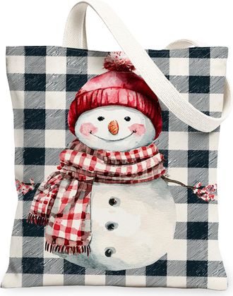 Generic Snow Man Canvas Tote Bags, Festive Winter Checkered Pattern Reusable Grocery Bags, Lightweight Washable Shoulder Strap Canv, White, 13x15 Inch